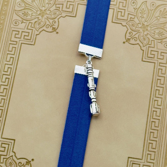 A silver Star Wars Lightsaber charm on a elastic Bookband